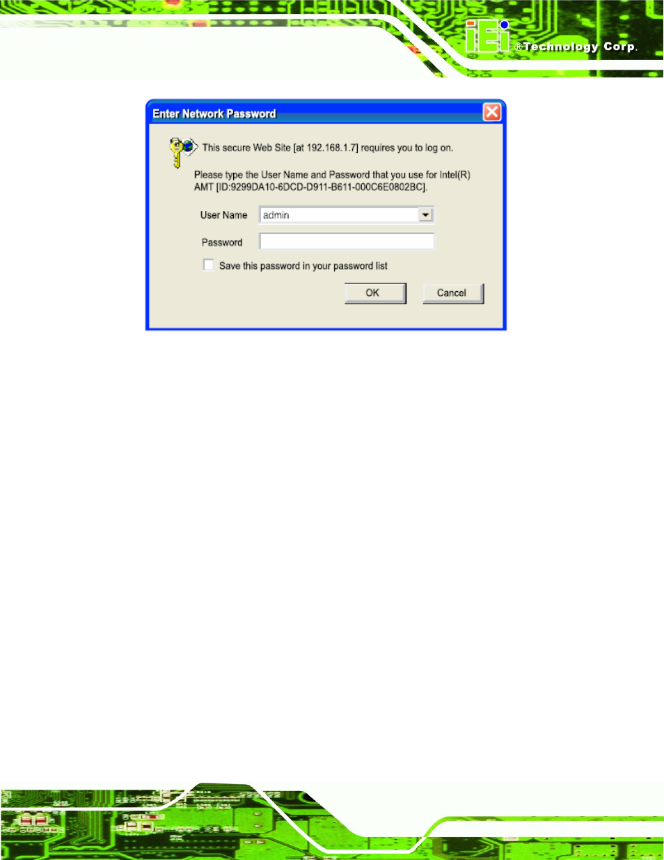 Figure 7-12: intel® amt web login dialog | IEI Integration IMBA-Q454 v1.00 User Manual | Page 175 / 213