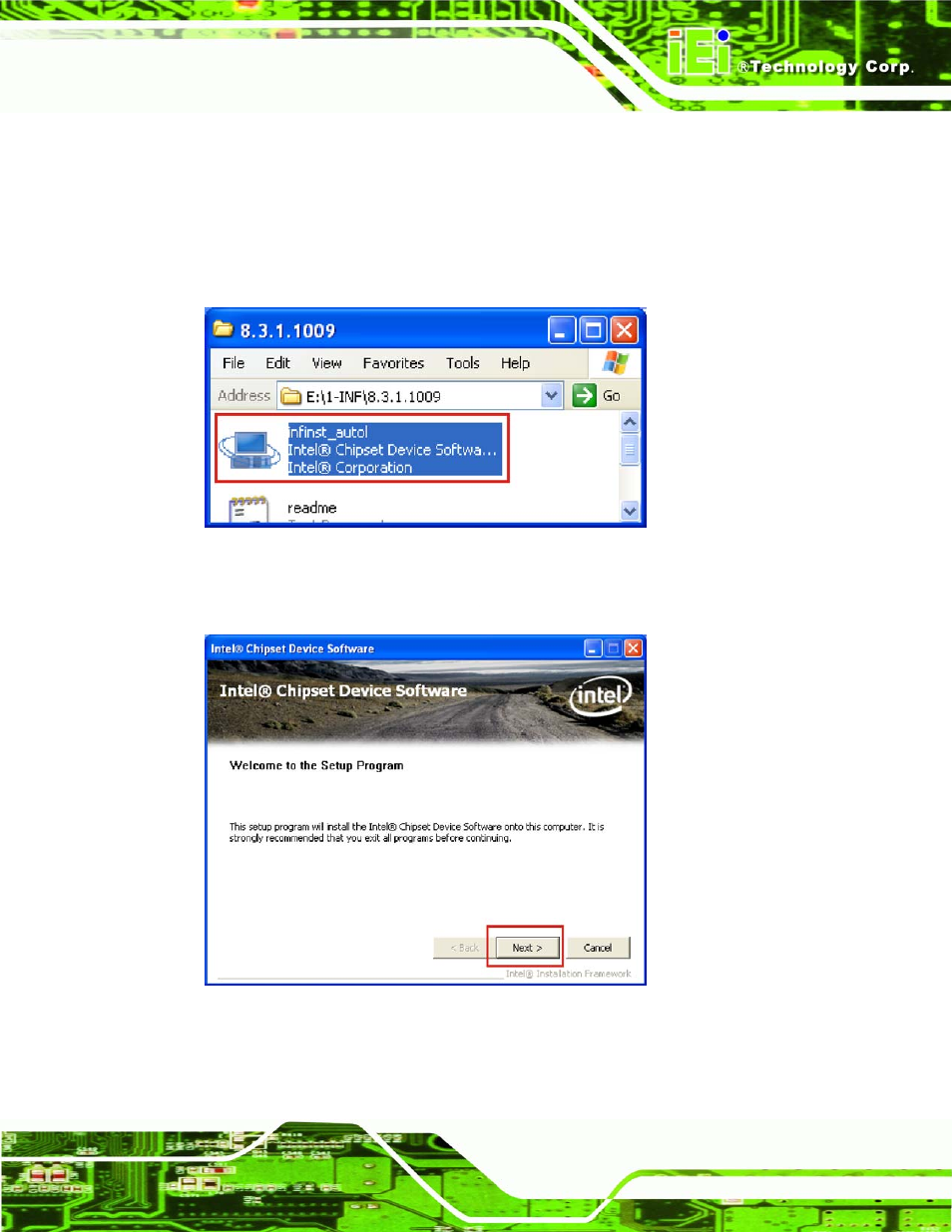 Hipset, River, Figure 6-3: intel® chipset driver directory | Figure 6-4: intel® setup welcome screen, 3 chipset driver | IEI Integration IMBA-Q454 v1.01 User Manual | Page 143 / 213