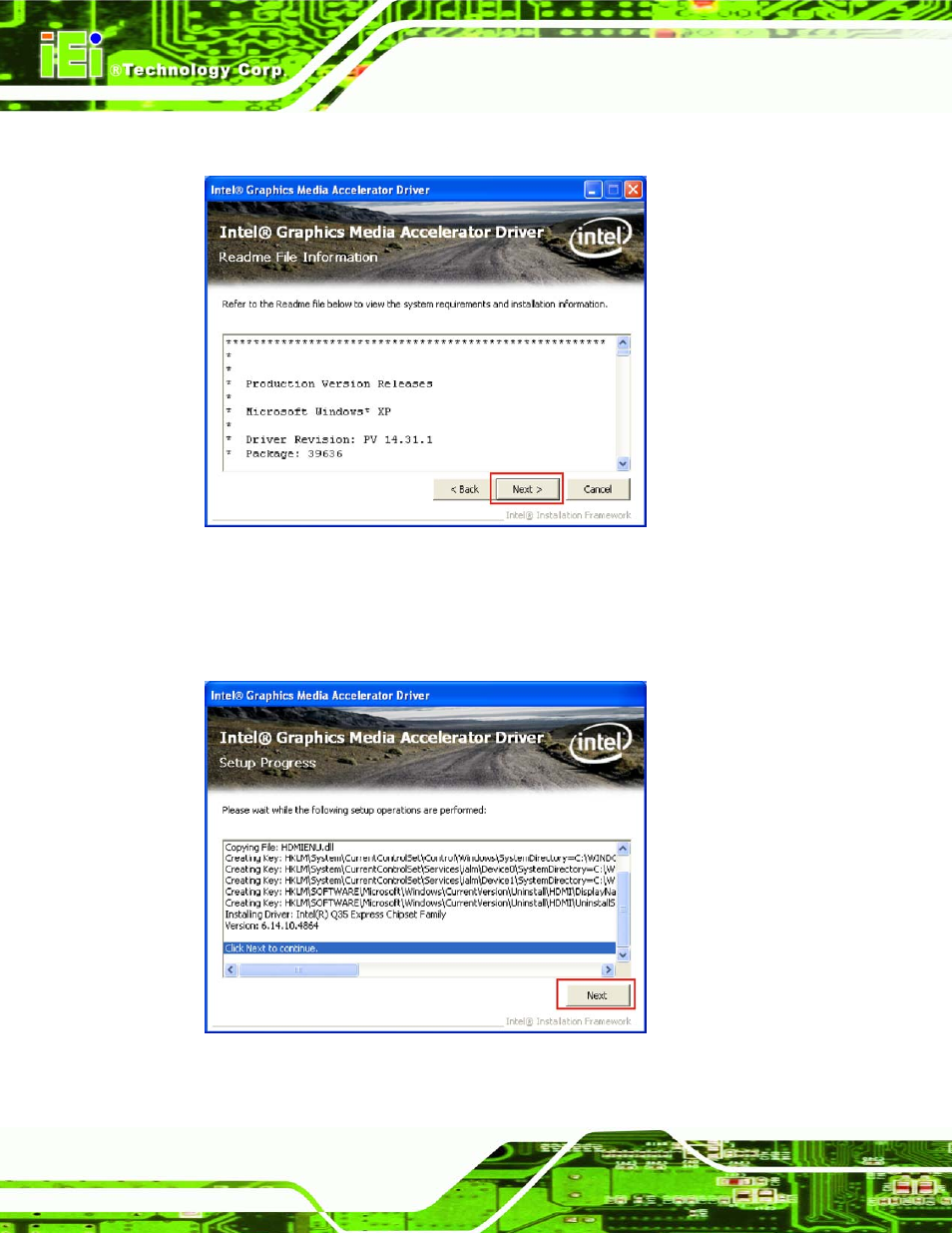 Figure 6-12: gma driver installing notice, Figure 6-13: gma driver installation complete | IEI Integration IMBA-Q454 v1.01 User Manual | Page 148 / 213