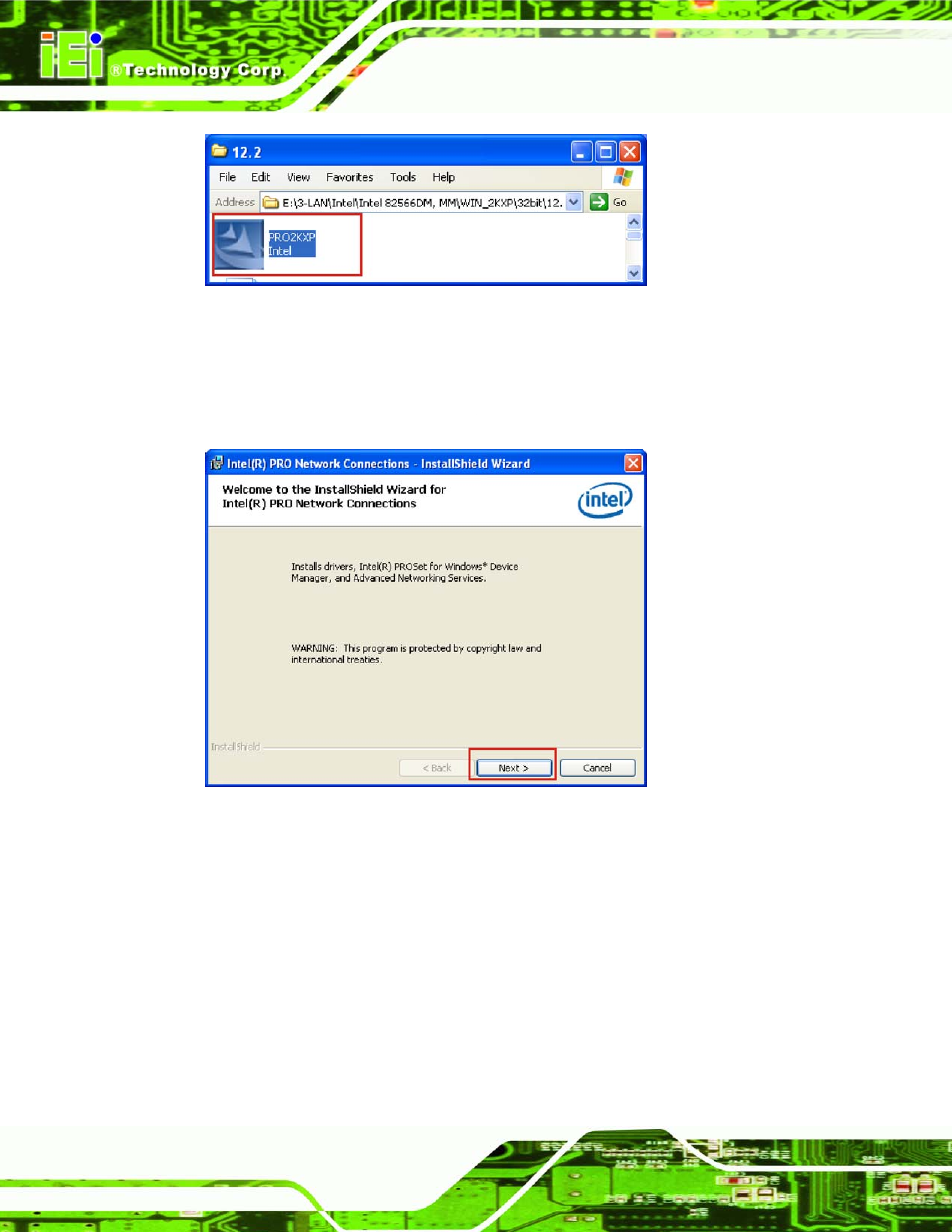 Figure 6-15: lan driver file, Figure 6-16: lan driver welcome screen | IEI Integration IMBA-Q454 v1.01 User Manual | Page 150 / 213