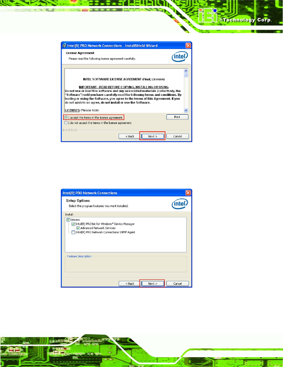 Figure 6-17: lan driver license agreement, Figure 6-18: lan driver setup options | IEI Integration IMBA-Q454 v1.01 User Manual | Page 151 / 213