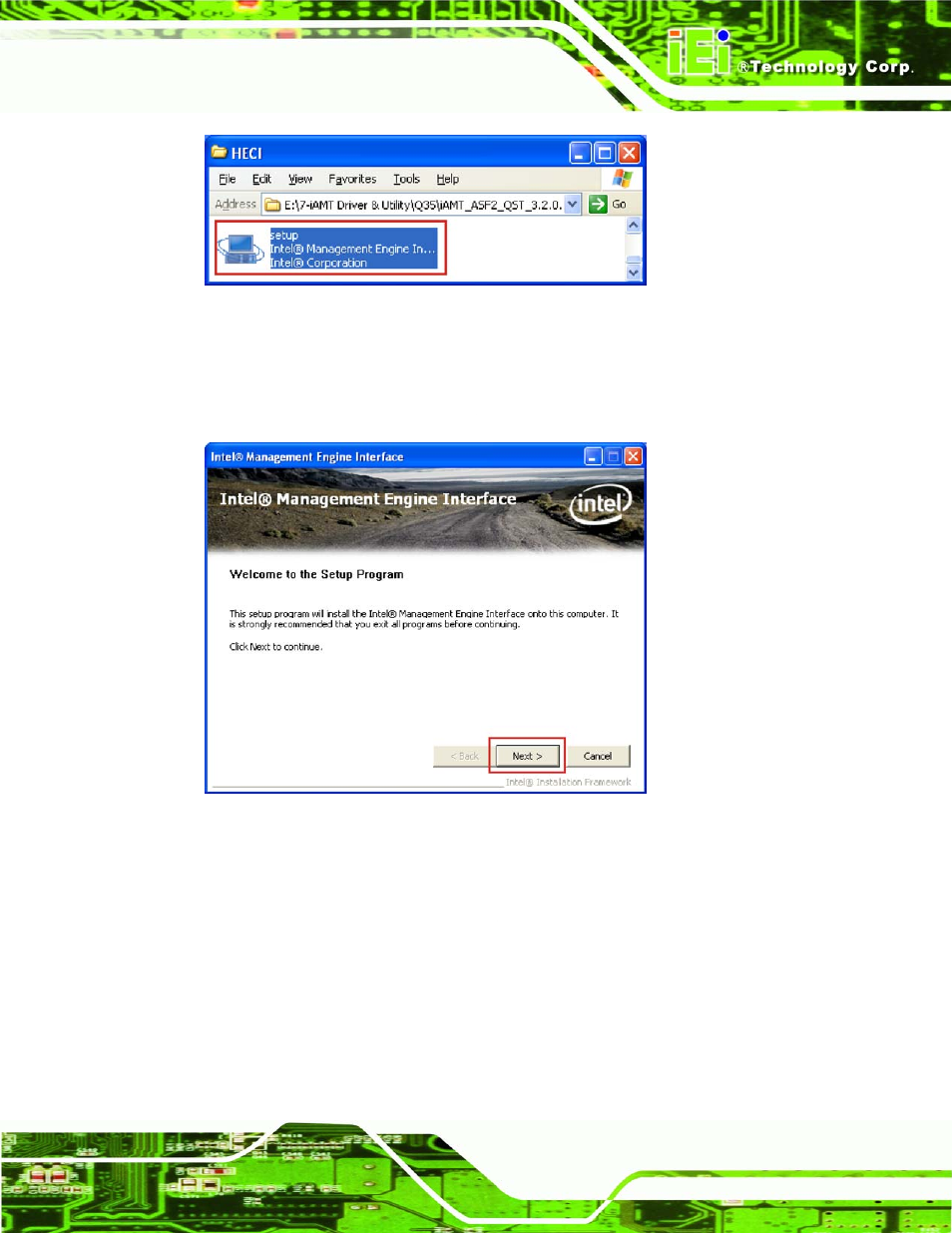 Figure 6-32: amt heci driver directory, Figure 6-33: amt heci welcome screen | IEI Integration IMBA-Q454 v1.01 User Manual | Page 161 / 213