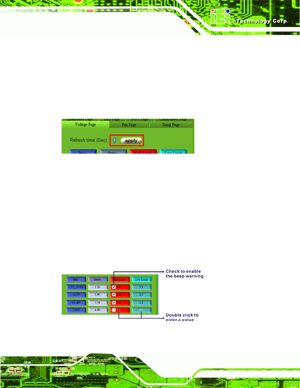 1 refresh time setting, 2 high limit value and low limit value setting, Figure 8-5: voltage refresh time setting | IEI Integration IMBA-Q454 v1.01 User Manual | Page 181 / 213
