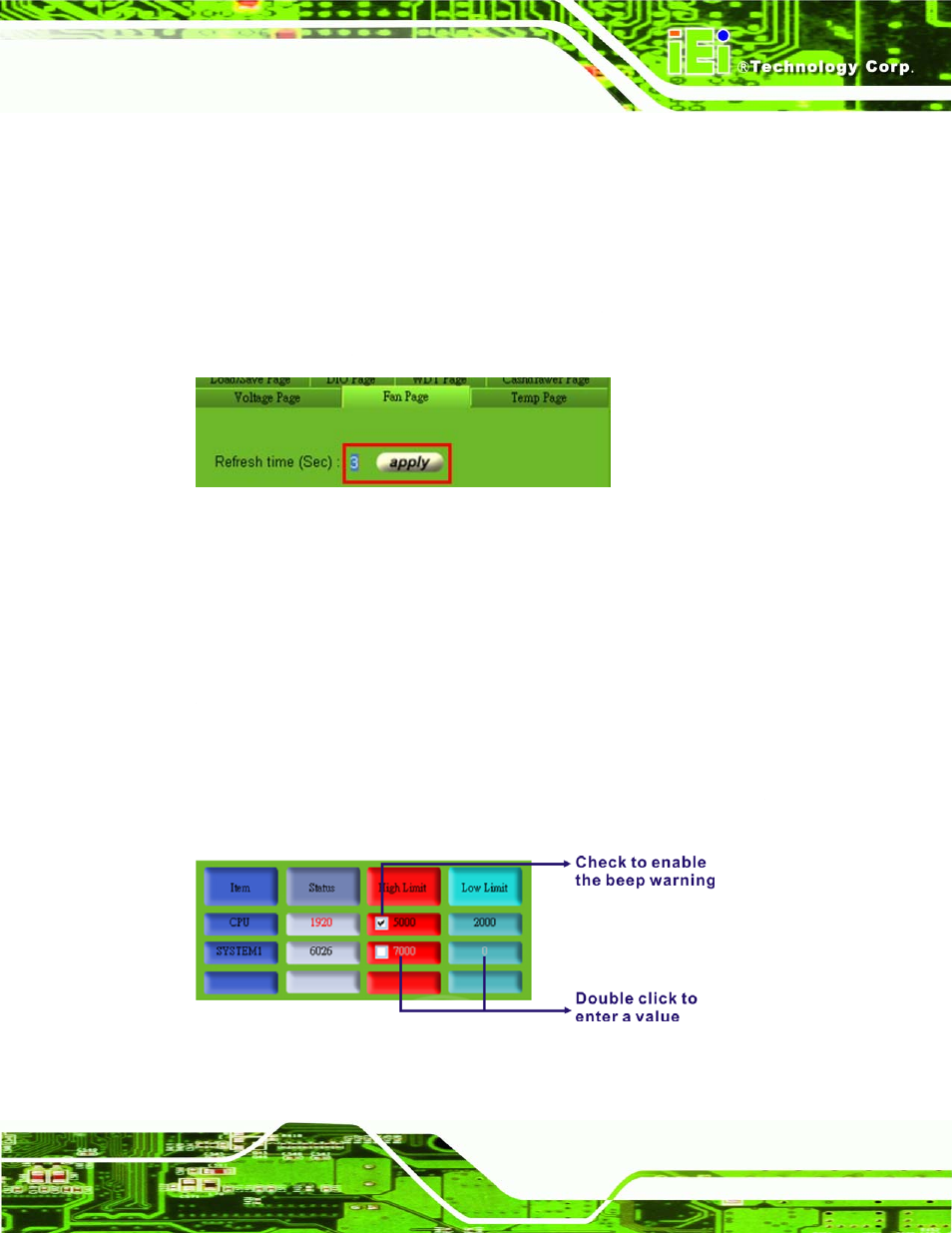 1 refresh time setting, 2 high limit value and low limit value setting, Figure 8-8: fan speed refresh time setting | IEI Integration IMBA-Q454 v1.01 User Manual | Page 183 / 213