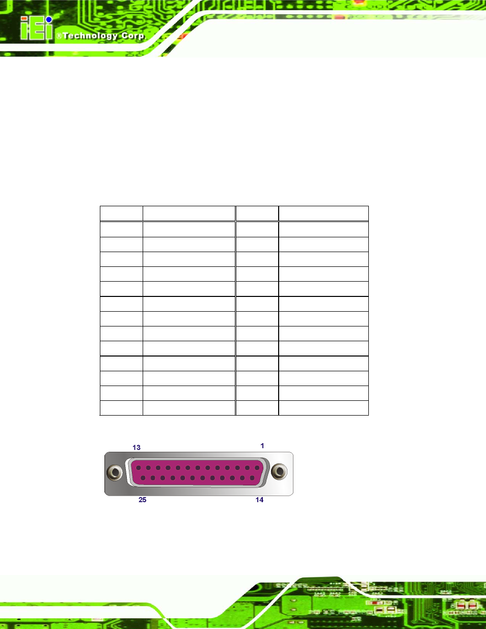 4 parallel port connector, Figure 3-23: parallel port connector location, Table 3-24: parallel port connector pinouts | IEI Integration IMBA-Q454 v1.01 User Manual | Page 58 / 213