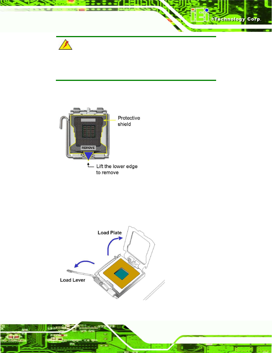 Figure 4-2: remove protective cover, Figure 4-3: cpu socket load plate | IEI Integration IMBA-G412ISA v2.00 User Manual | Page 59 / 164