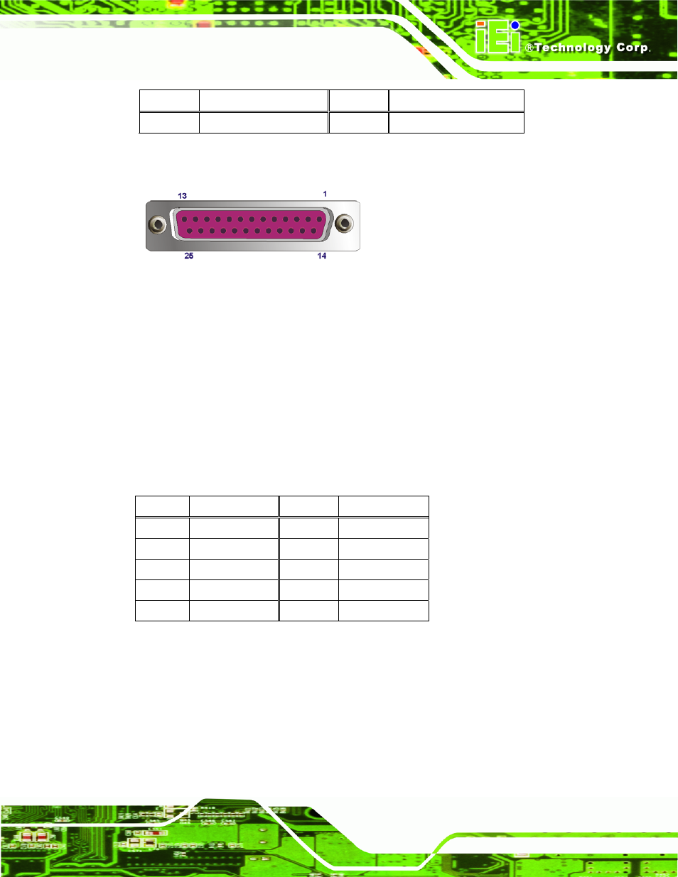 5 serial port connector (com1), Figure 3-24: parallel port connector location, Table 3-23: parallel port connector pinouts | Table 3-24: serial port pinouts | IEI Integration IMBA-G410 v1.01 User Manual | Page 51 / 158