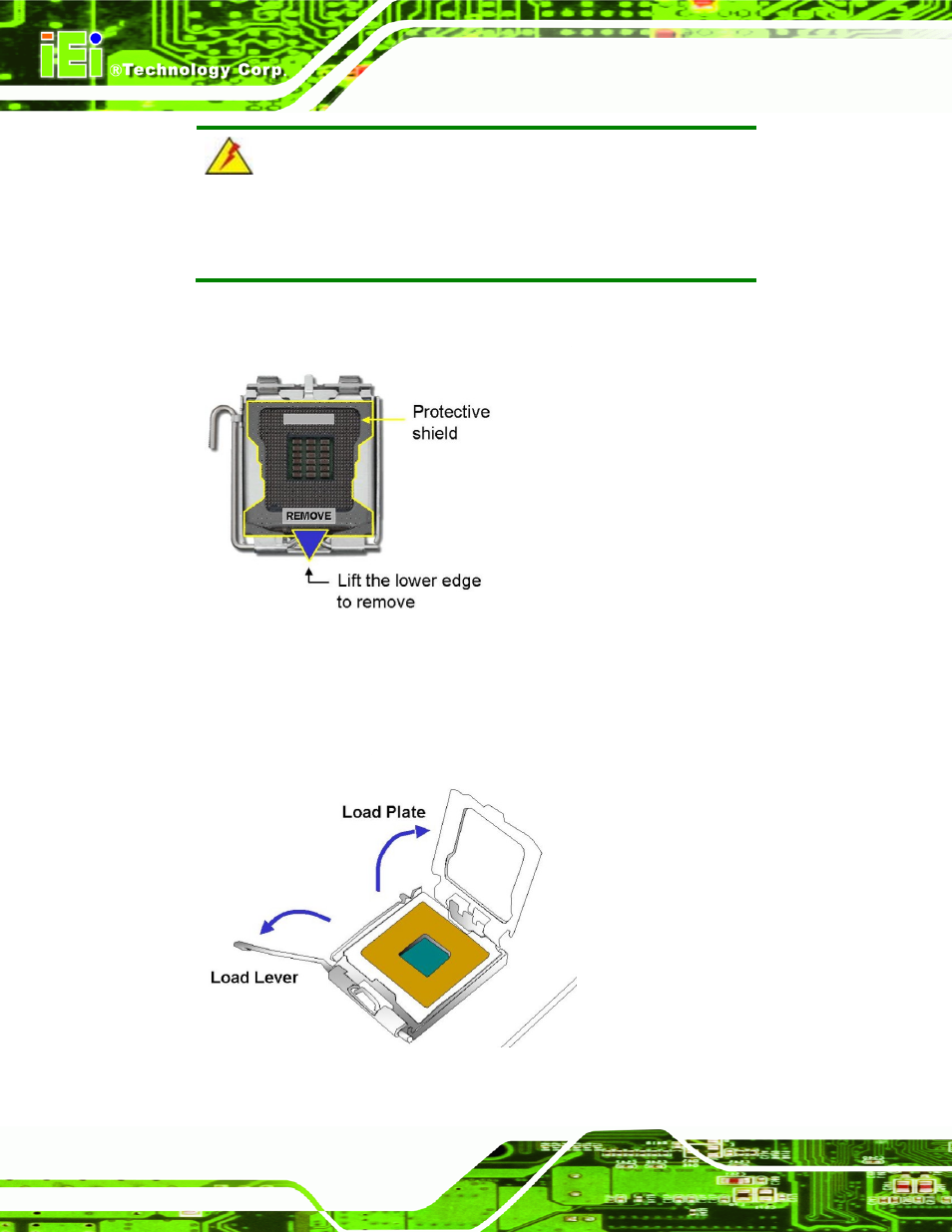 Figure 4-2: remove protective cover, Figure 4-3: cpu socket load plate | IEI Integration IMBA-G410 v1.01 User Manual | Page 58 / 158