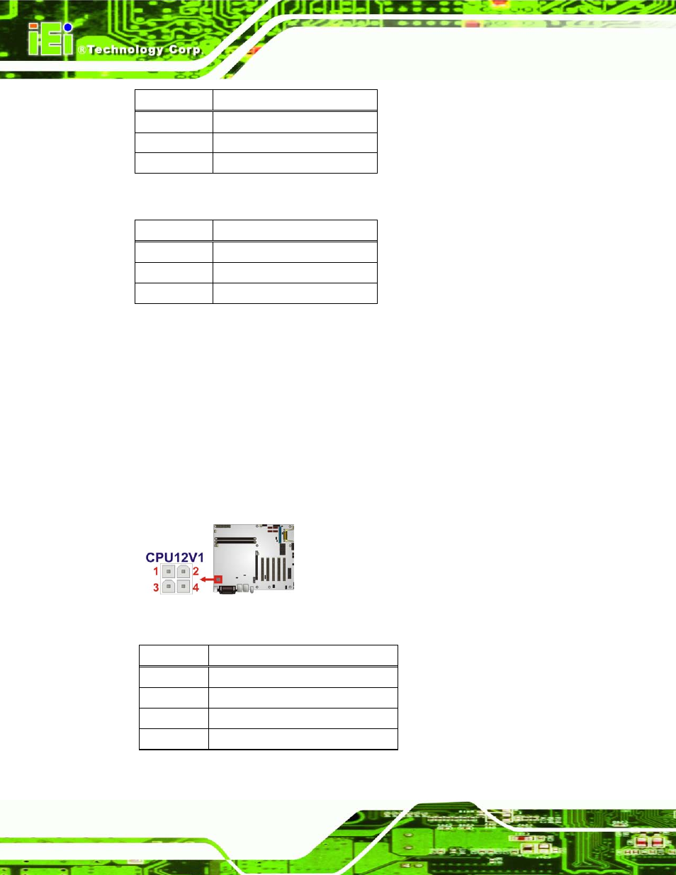 4 cpu power input connector, Figure 3-5: cpu power input connector location, Table 3-5: system fan connector pinouts (sys_fan1) | Table 3-7: cpu power input connector pinouts | IEI Integration IMBA-G410 v2.00 User Manual | Page 34 / 165