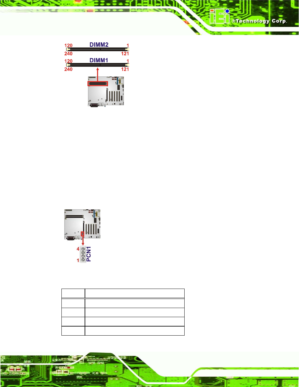 10 pcie power input connector, Figure 3-10: memory card slot locations, Figure 3-11: pcie power input connector location | Table 3-12: pcie power input connector pinouts | IEI Integration IMBA-G410 v2.00 User Manual | Page 39 / 165