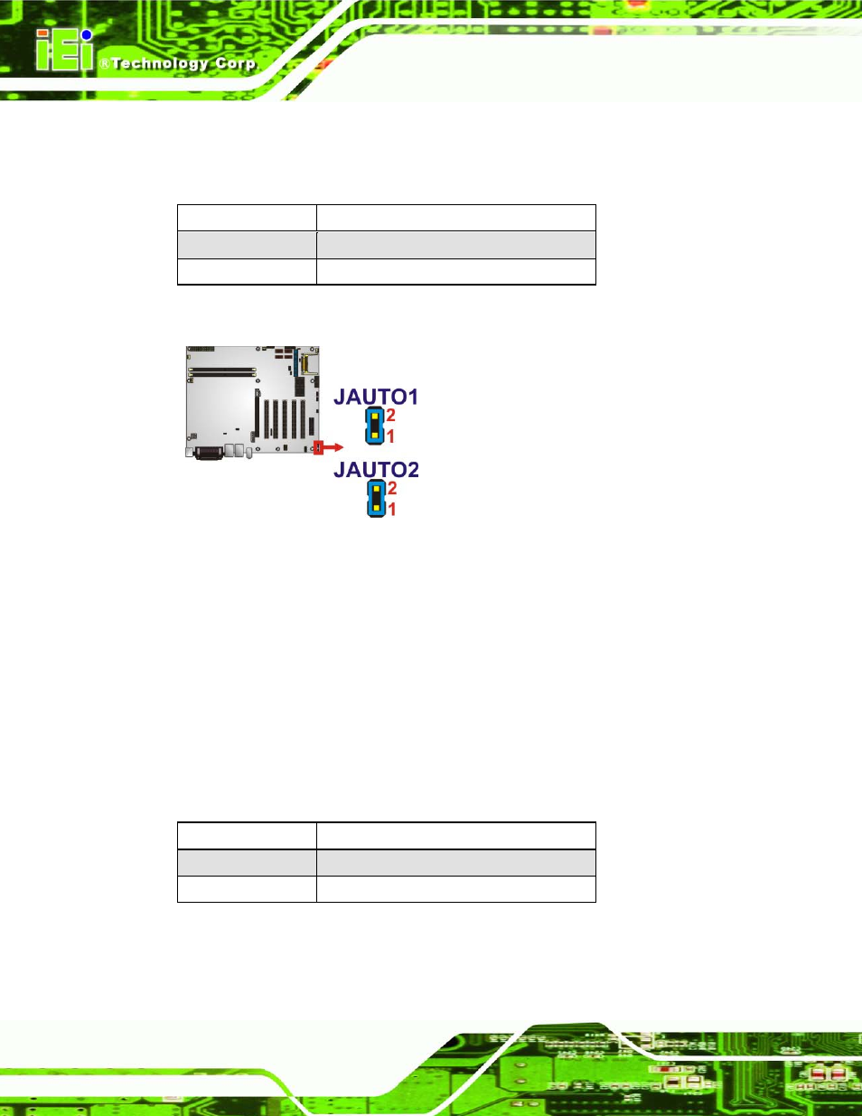 2 clear cmos jumper, Figure 4-8: at/atx power select jumper location, Table 4-2: at/atx power select jumper settings | Table 4-3: clear bios jumper settings | IEI Integration IMBA-G410 v2.00 User Manual | Page 64 / 165