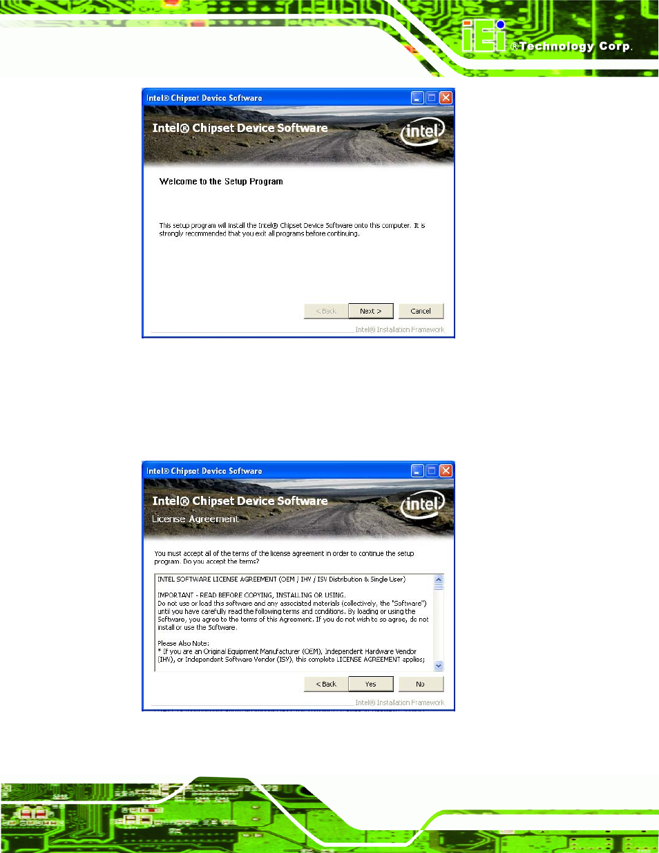 Figure 6-4: chipset driver welcome screen, Figure 6-5: chipset driver license agreement, Figure | IEI Integration IMBA-C2060 v1.03 User Manual | Page 135 / 208