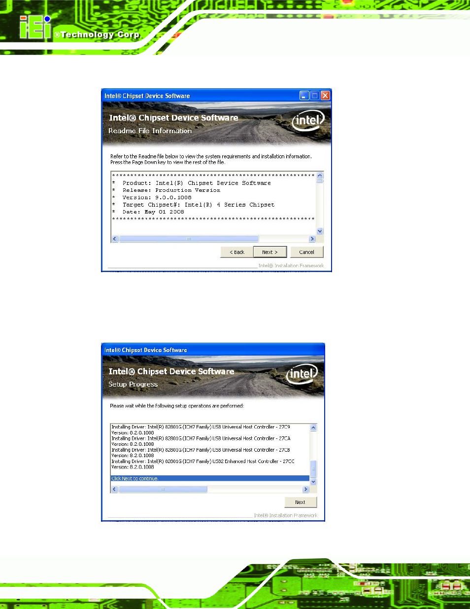 Figure 6-6: chipset driver read me file, Figure 6-7: chipset driver setup operations | IEI Integration IMBA-C2060 v1.03 User Manual | Page 136 / 208