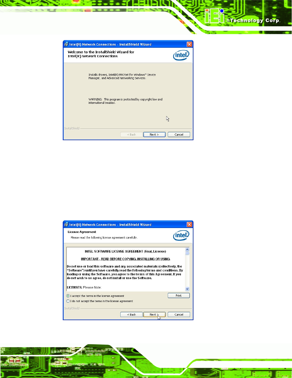 Figure 6-14: lan driver welcome screen, Figure 6-15: lan driver license agreement | IEI Integration IMBA-C2060 v1.03 User Manual | Page 141 / 208