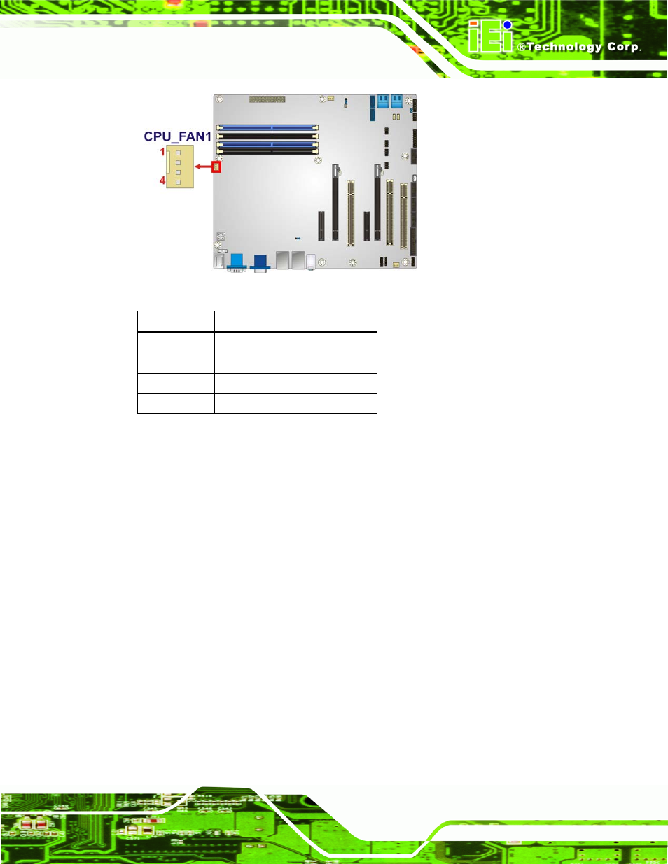 7 fan connector (system), Figure 3-7: cpu fan connector location, Table 3-7: cpu fan connector pinouts | IEI Integration IMBA-C2060 v1.03 User Manual | Page 39 / 208