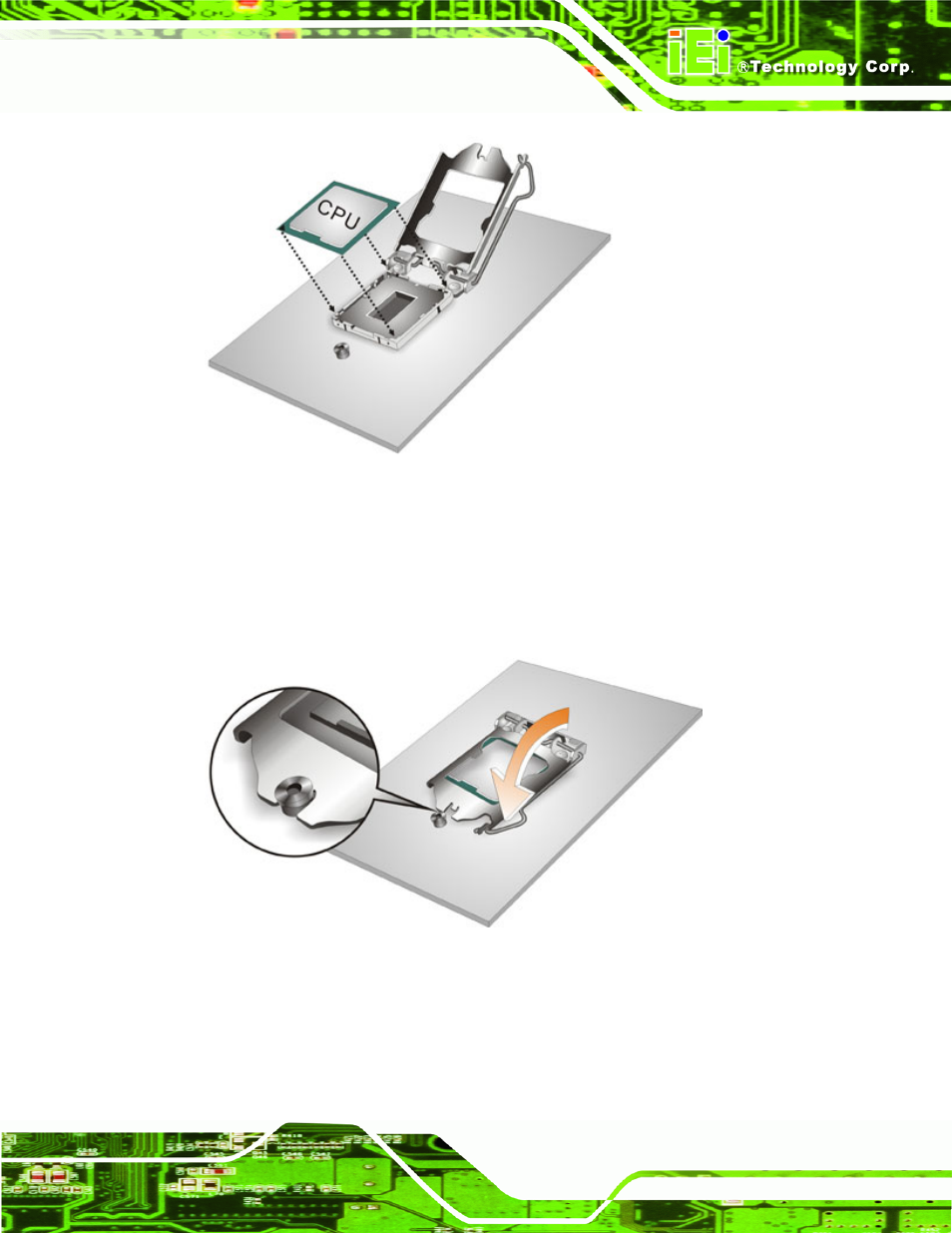 Figure 4-3: insert the socket lga1155 cpu, Figure 4-4: close the socket lga1155 | IEI Integration IMBA-C2060 v1.03 User Manual | Page 69 / 208