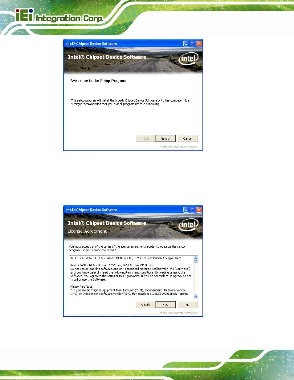 Figure 6-4: chipset driver welcome screen, Figure 6-5: chipset driver license agreement, Figure | IEI Integration IMBA-C2060 v2.01 User Manual | Page 136 / 209
