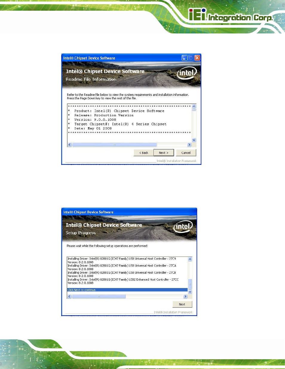 Figure 6-6: chipset driver read me file, Figure 6-7: chipset driver setup operations | IEI Integration IMBA-C2060 v2.01 User Manual | Page 137 / 209