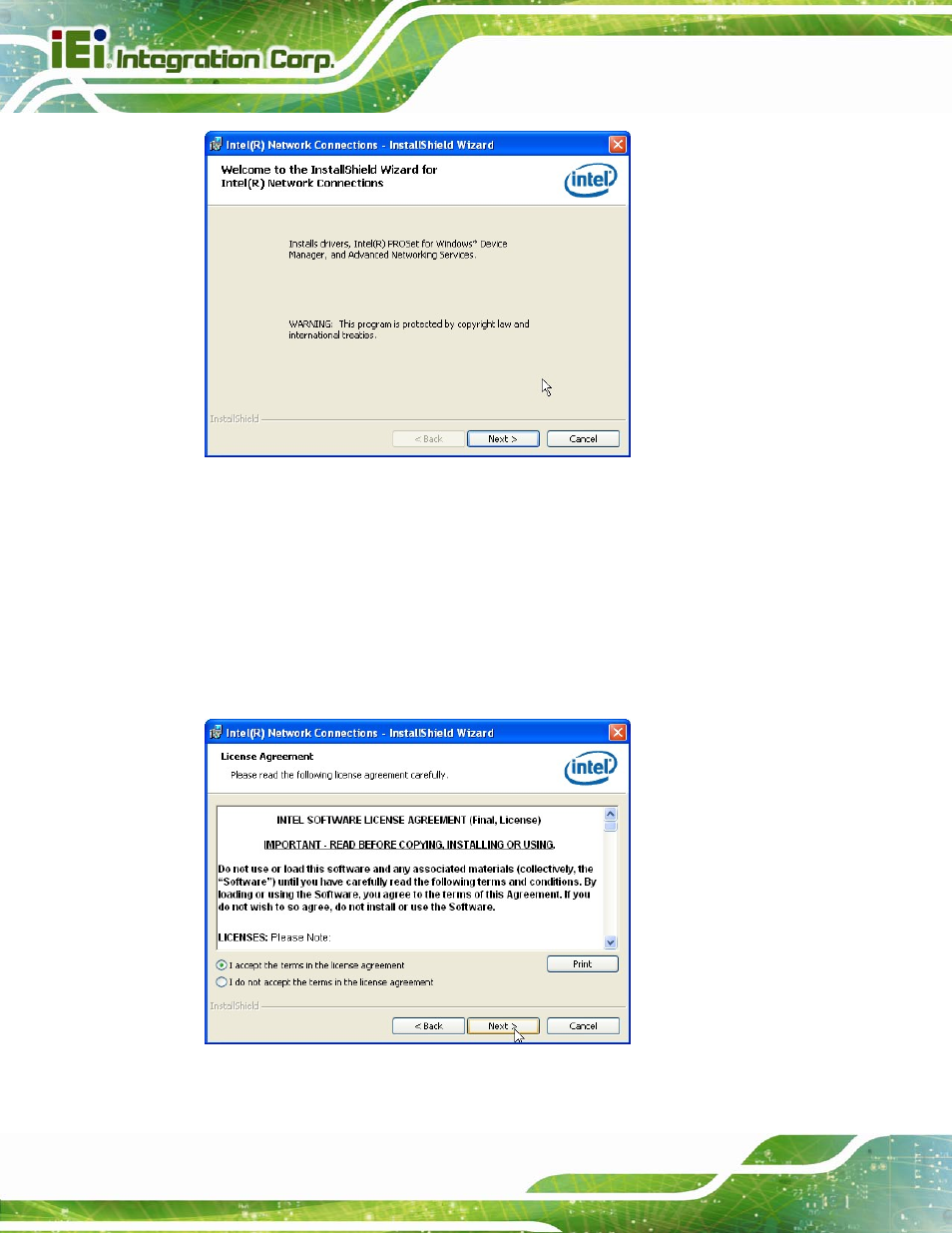 Figure 6-14: lan driver welcome screen, Figure 6-15: lan driver license agreement | IEI Integration IMBA-C2060 v2.01 User Manual | Page 142 / 209