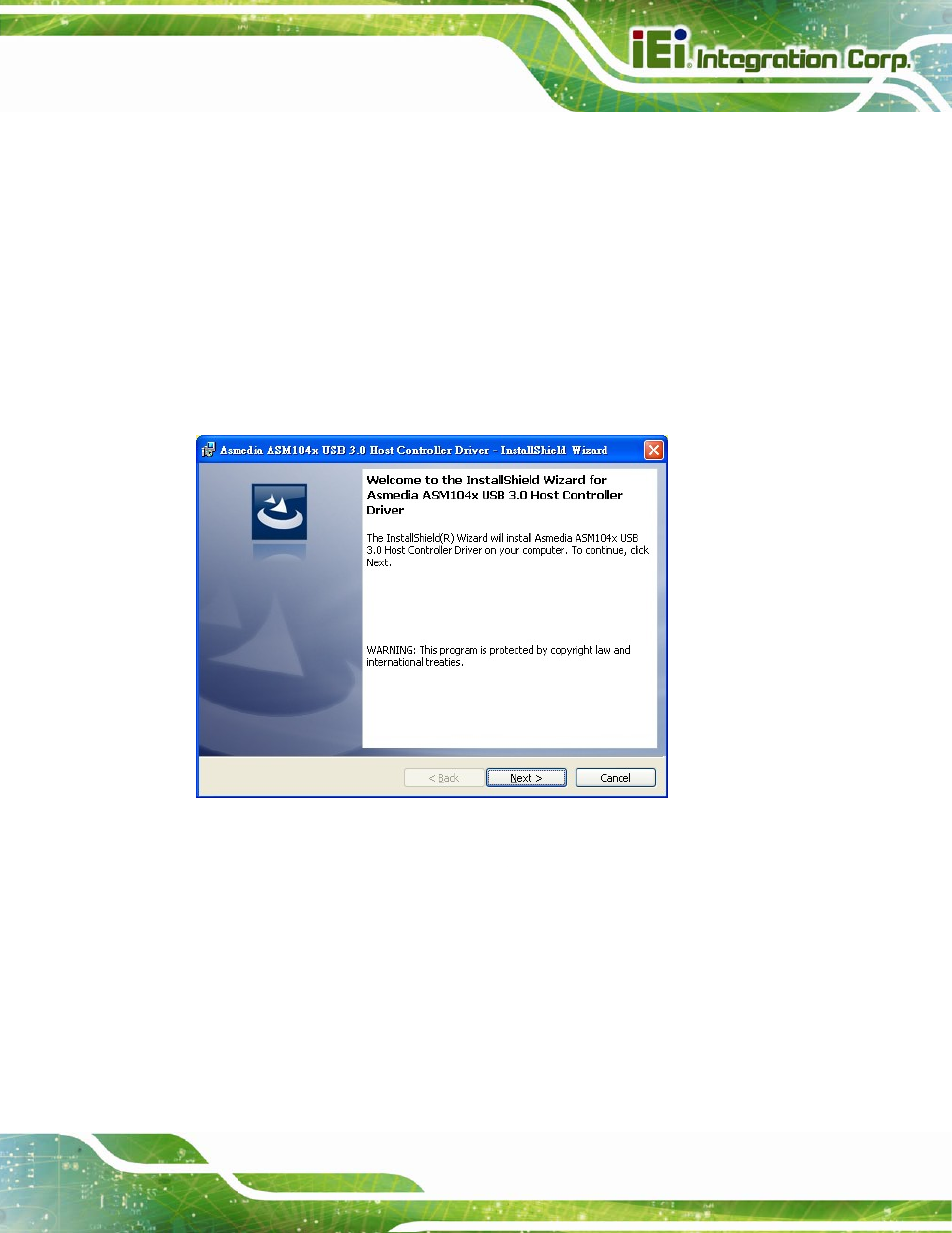 7 usb 3.0 driver installation, River, Nstallation | Figure 6-23: usb 3.0 driver welcome screen | IEI Integration IMBA-C2060 v2.01 User Manual | Page 147 / 209