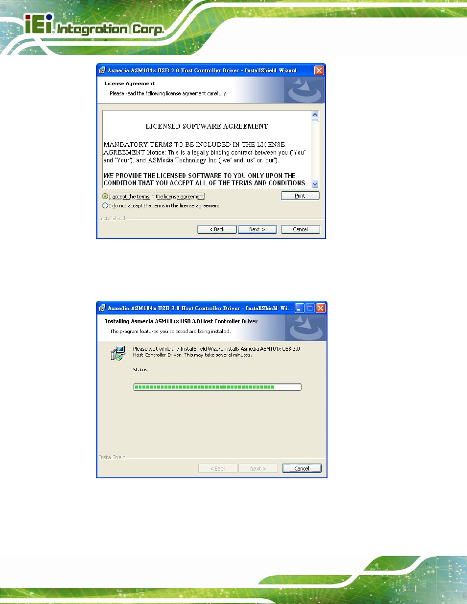 Figure 6-24: usb 3.0 driver license agreement, Figure 6-25: usb 3.0 driver installation screen | IEI Integration IMBA-C2060 v2.01 User Manual | Page 148 / 209