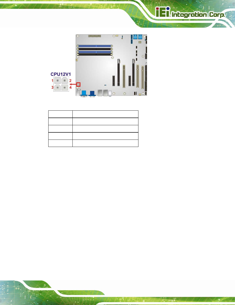 4 ddr3 dimm slots, Figure 3-4: cpu power connector location, Table 3-5: cpu power connector pinouts | IEI Integration IMBA-C2060 v2.01 User Manual | Page 37 / 209