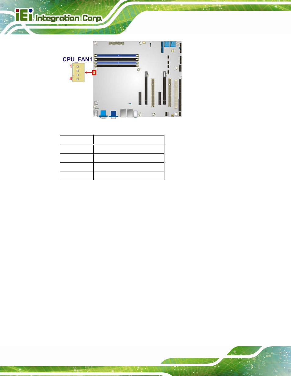 7 fan connector (system), Figure 3-7: cpu fan connector location, Table 3-7: cpu fan connector pinouts | IEI Integration IMBA-C2060 v2.01 User Manual | Page 40 / 209