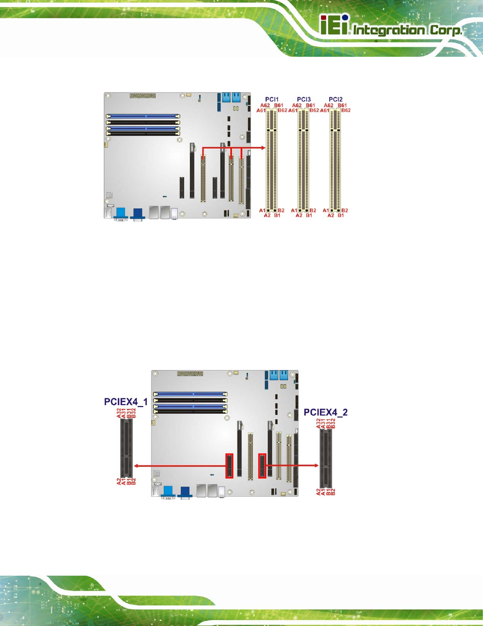 14 pcie x4 slots, Figure 3-14: pci slot locations, Figure 3-15: pcie x4 slot locations | IEI Integration IMBA-C2060 v2.01 User Manual | Page 47 / 209