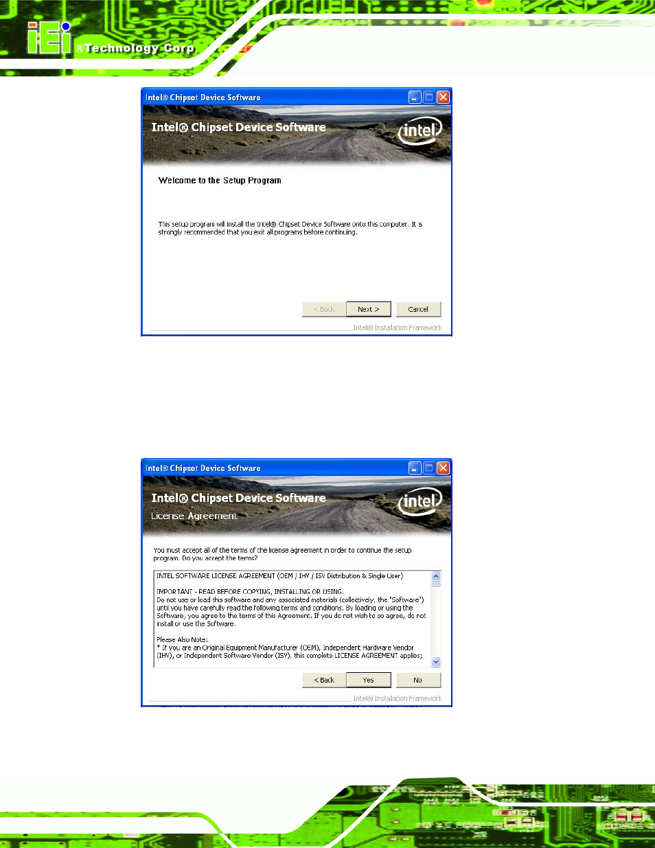 Figure 6-4: chipset driver welcome screen, Figure 6-5: chipset driver license agreement, Figure | IEI Integration IMBA-Q670 v1.02 User Manual | Page 136 / 205