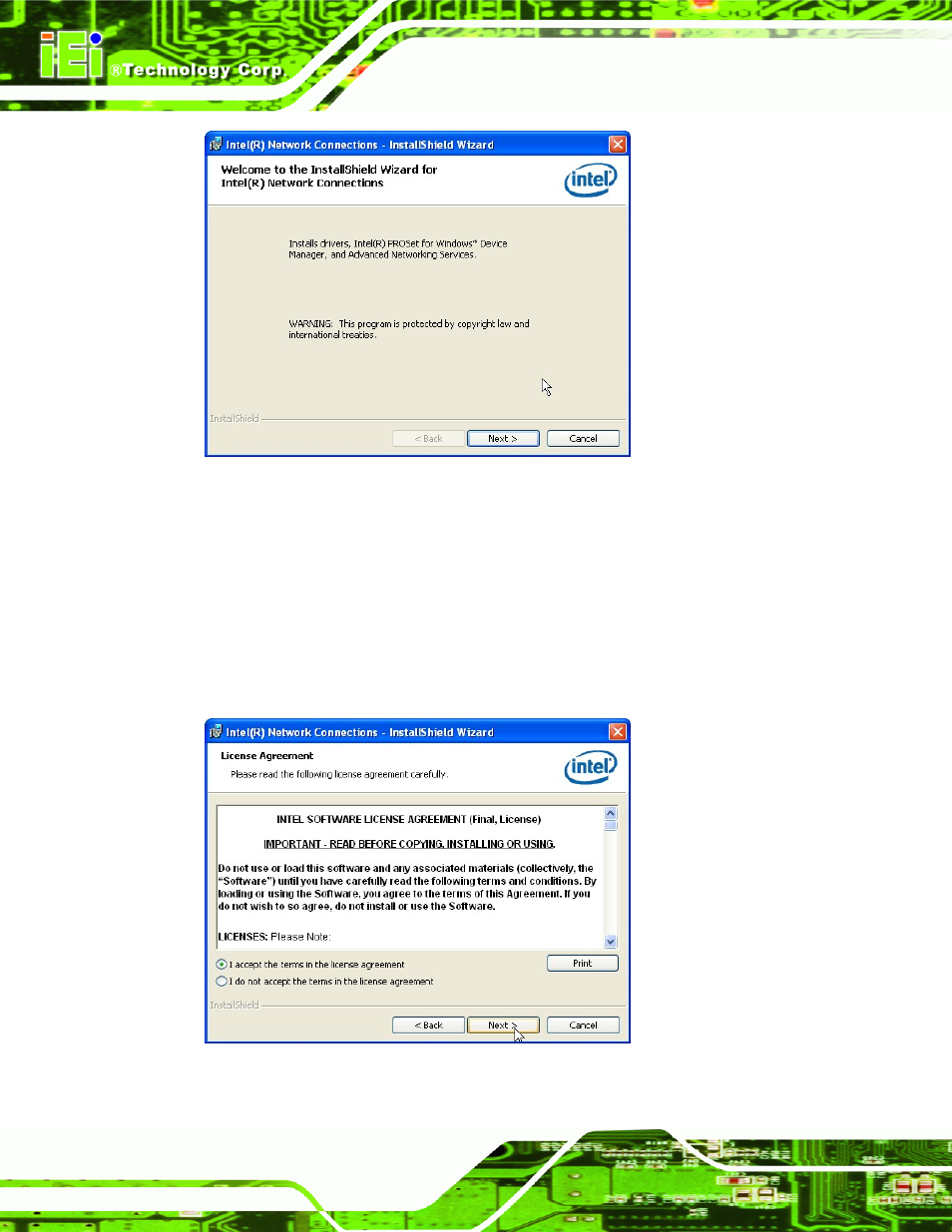 Figure 6-14: lan driver welcome screen, Figure 6-15: lan driver license agreement | IEI Integration IMBA-Q670 v1.02 User Manual | Page 142 / 205