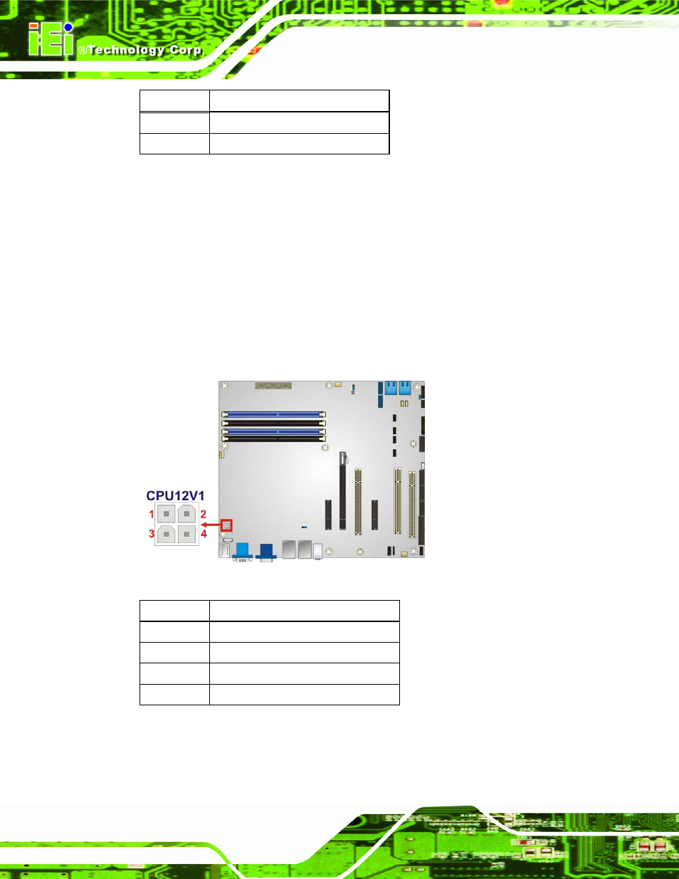 3 cpu power connector, Figure 3-4: cpu power connector location, Table 3-4: battery connector (bt2) pinouts | Table 3-5: cpu power connector pinouts | IEI Integration IMBA-Q670 v1.02 User Manual | Page 36 / 205