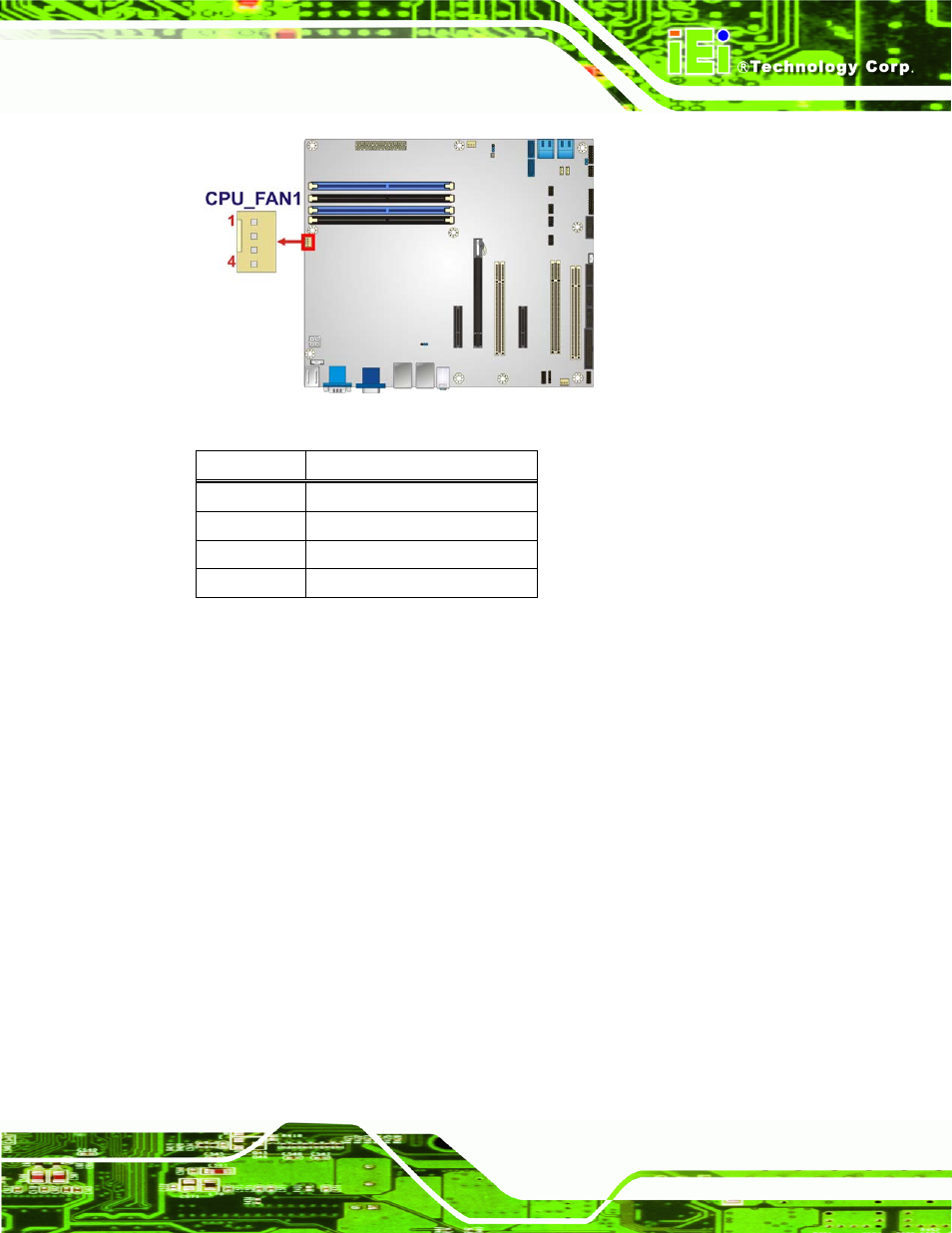 7 fan connector (system), Figure 3-7: cpu fan connector location, Table 3-7: cpu fan connector pinouts | IEI Integration IMBA-Q670 v1.02 User Manual | Page 39 / 205