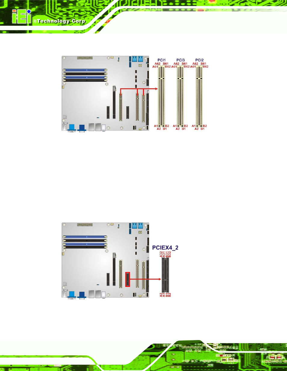 14 pcie x4 slot, Figure 3-14: pci slot locations, Figure 3-15: pcie x4 slot location | IEI Integration IMBA-Q670 v1.02 User Manual | Page 46 / 205