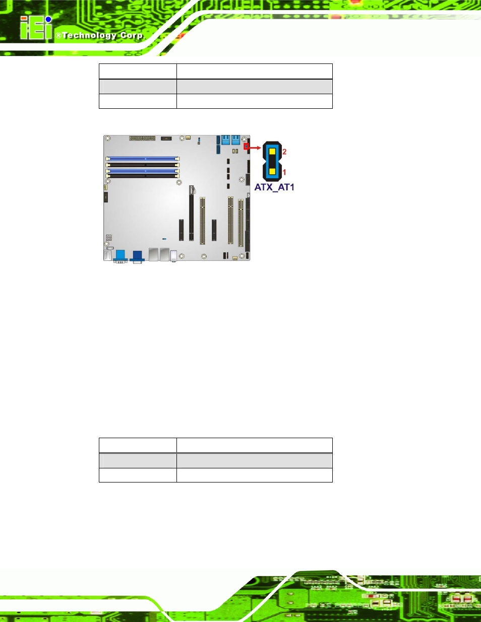 2 clear cmos jumper, Figure 4-8: at/atx power mode jumper location, Table 4-2: at/atx power mode jumper settings | Table 4-3: clear bios jumper settings | IEI Integration IMBA-Q670 v1.02 User Manual | Page 74 / 205