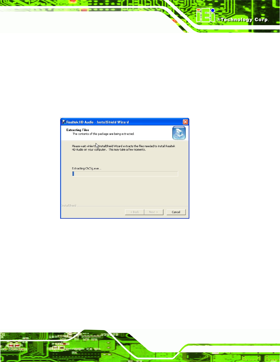 6 audio driver installation, Udio, River | Nstallation, Figure 6-19: audio driver – extracting files | IEI Integration IMBA-Q670 v2.10 User Manual | Page 145 / 219
