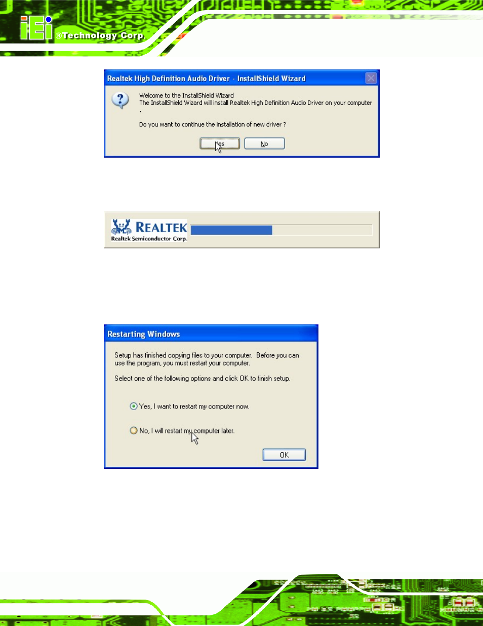 Figure 6-20: audio driver welcome screen, Figure 6-21: audio driver installation, Figure 6-22: audio driver installation complete | IEI Integration IMBA-Q670 v2.10 User Manual | Page 146 / 219