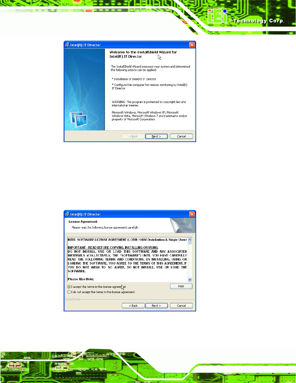 Figure 6-33: it director welcome screen, Figure 6-34: it director license agreement | IEI Integration IMBA-Q670 v2.10 User Manual | Page 155 / 219