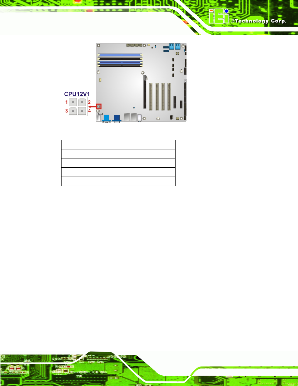 4 ddr3 dimm slots, Figure 3-4: cpu power connector location, Table 3-5: cpu power connector pinouts | IEI Integration IMBA-Q670 v2.10 User Manual | Page 37 / 219