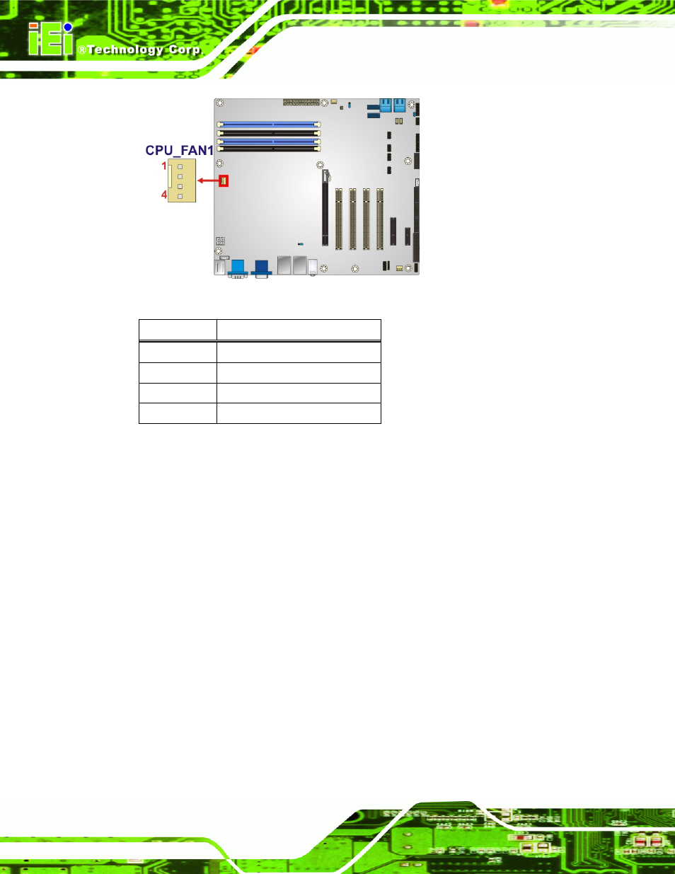 7 fan connector (system), Figure 3-7: cpu fan connector location, Table 3-7: cpu fan connector pinouts | IEI Integration IMBA-Q670 v2.10 User Manual | Page 40 / 219