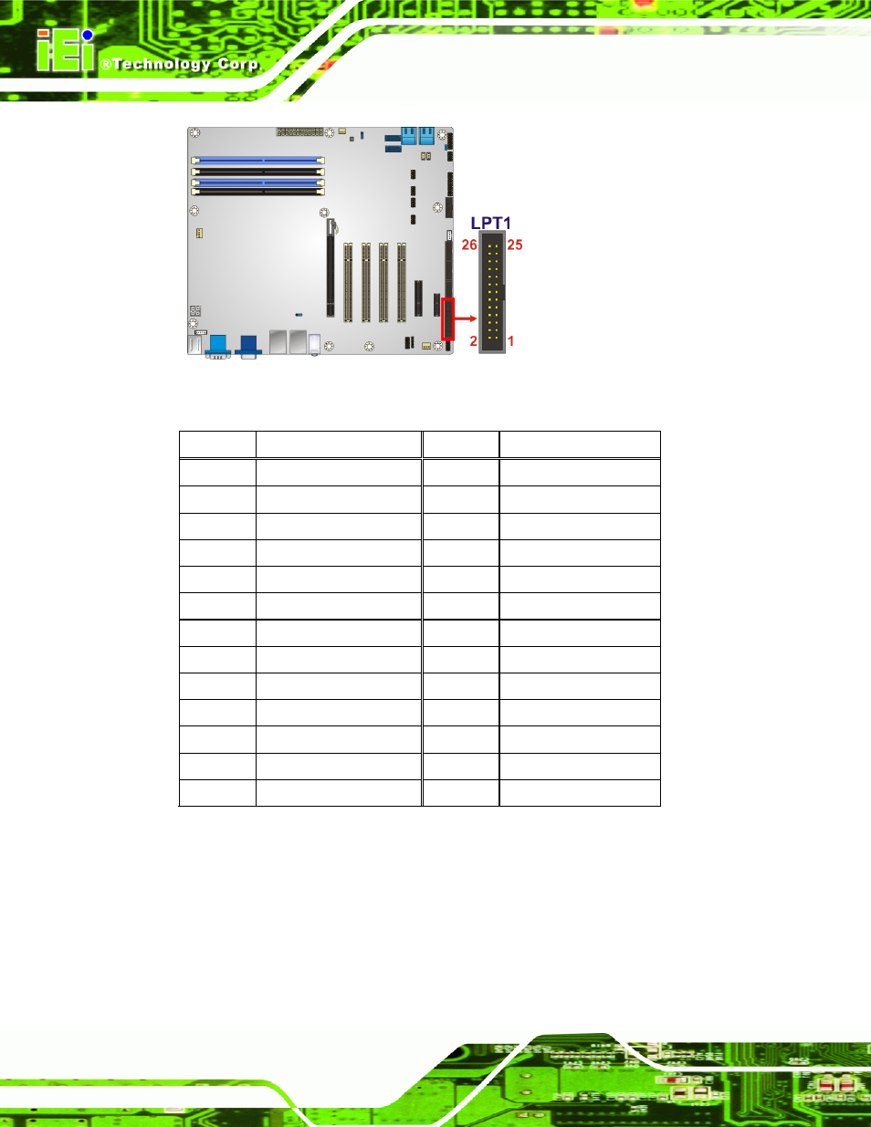 13 pci slots, Figure 3-13: parallel port connector location, Table 3-13: parallel port connector pinouts | IEI Integration IMBA-Q670 v2.10 User Manual | Page 46 / 219