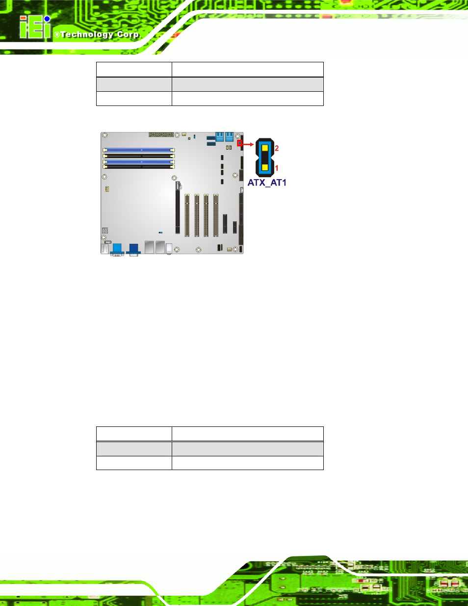 2 clear cmos jumper, Figure 4-8: at/atx power mode jumper location, Table 4-2: at/atx power mode jumper settings | Table 4-3: clear bios jumper settings | IEI Integration IMBA-Q670 v2.10 User Manual | Page 74 / 219
