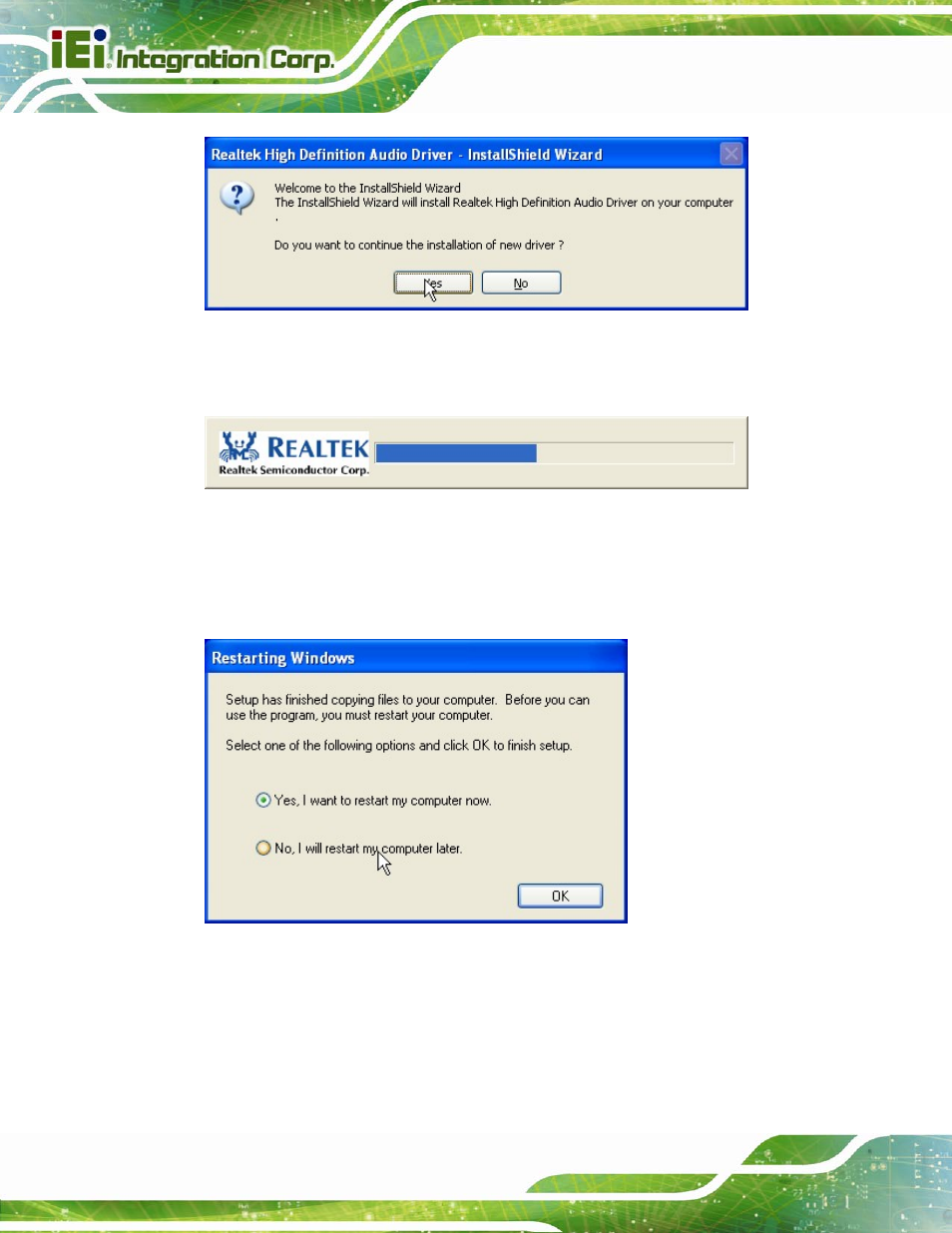 Figure 6-20: audio driver welcome screen, Figure 6-21: audio driver installation, Figure 6-22: audio driver installation complete | IEI Integration IMBA-Q670 v3.01 User Manual | Page 146 / 222