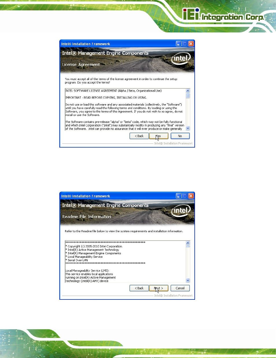 Figure 6-28: intel® me driver license agreement, Figure 6-29: intel® me driver read me file | IEI Integration IMBA-Q670 v3.01 User Manual | Page 151 / 222