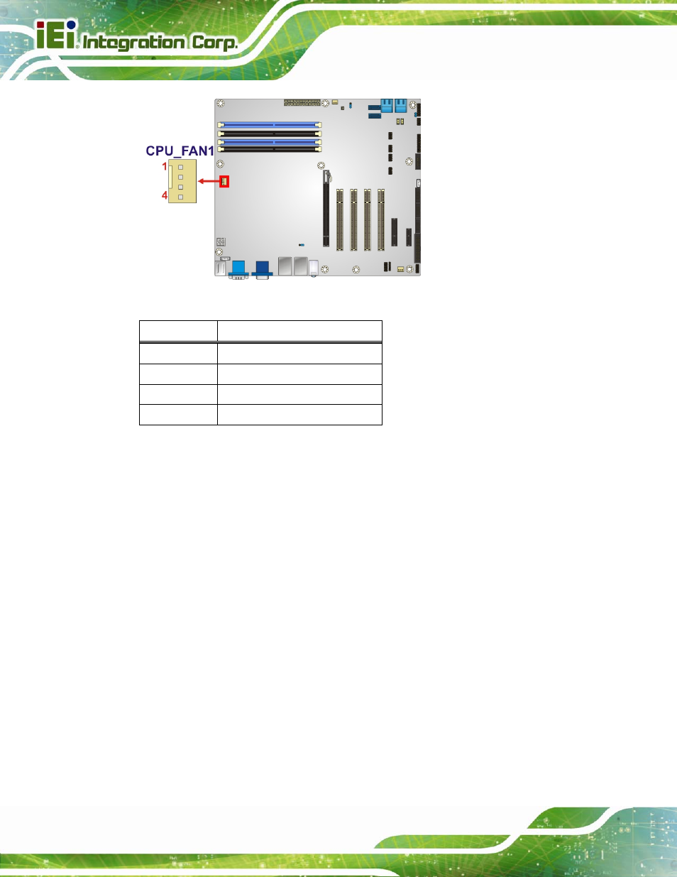 7 fan connector (system), Figure 3-7: cpu fan connector location, Table 3-7: cpu fan connector pinouts | IEI Integration IMBA-Q670 v3.01 User Manual | Page 42 / 222