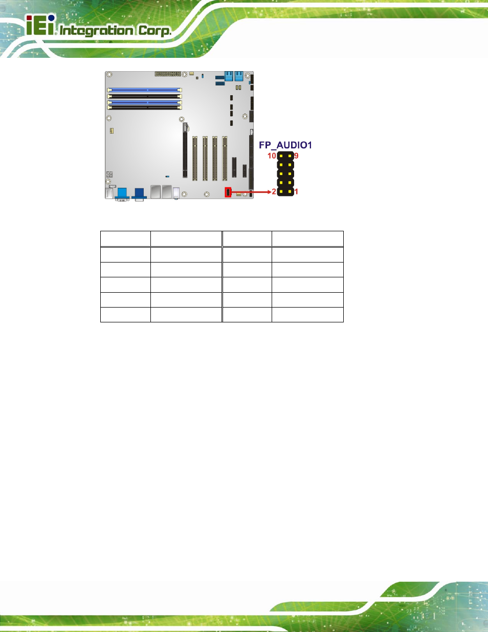 9 front panel connector, Figure 3-9: front panel audio connector location, Table 3-9: front panel audio connector pinouts | IEI Integration IMBA-Q670 v3.01 User Manual | Page 44 / 222
