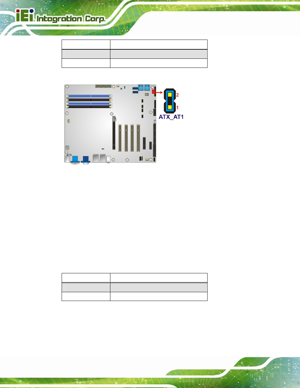 2 clear cmos jumper, Figure 4-8: at/atx power mode jumper location, Table 4-2: at/atx power mode jumper settings | Table 4-3: clear bios jumper settings | IEI Integration IMBA-Q670 v3.01 User Manual | Page 76 / 222