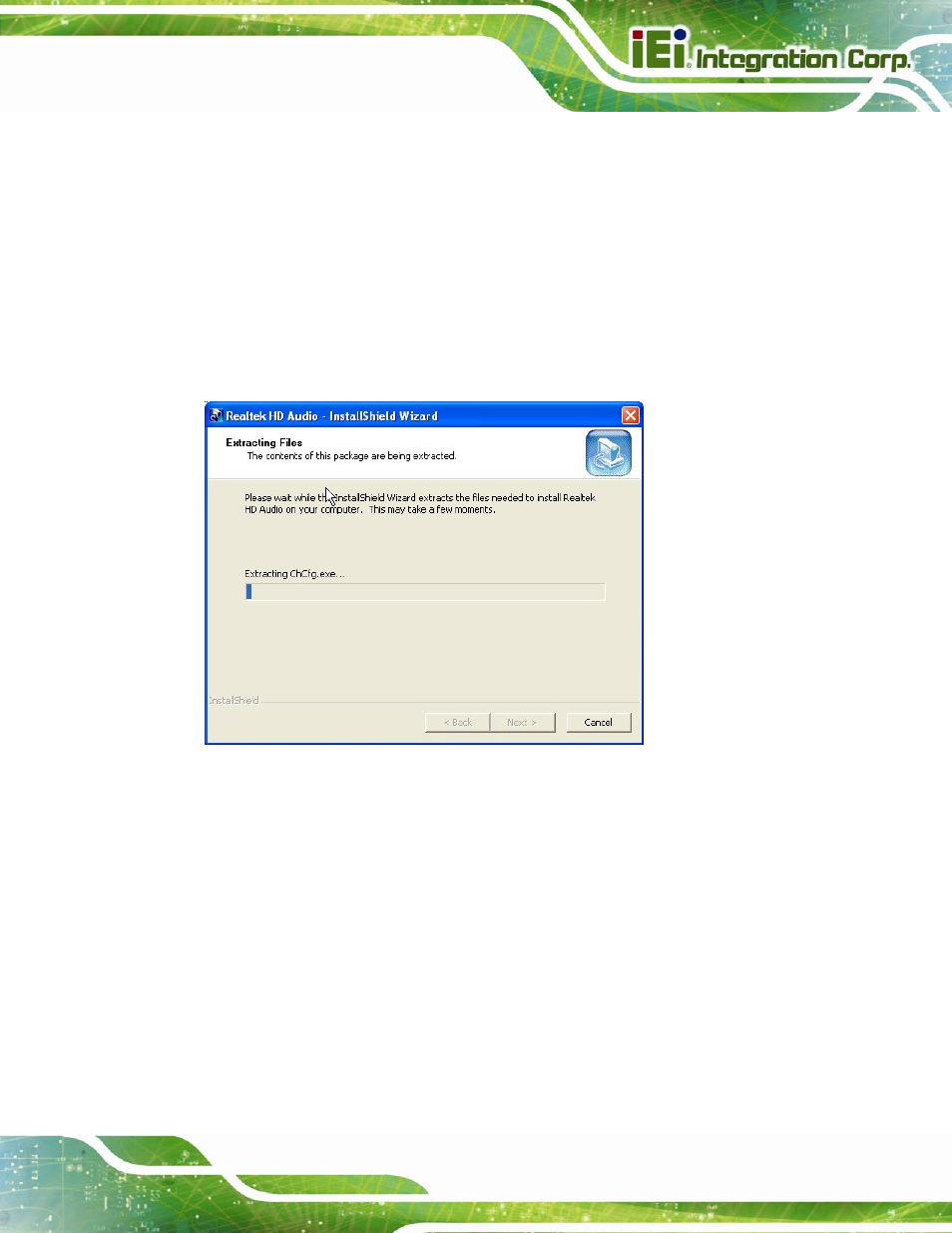 6 audio driver installation, Udio, River | Nstallation, Figure 6-16: audio driver – extracting files | IEI Integration IMBA-H610 User Manual | Page 132 / 193