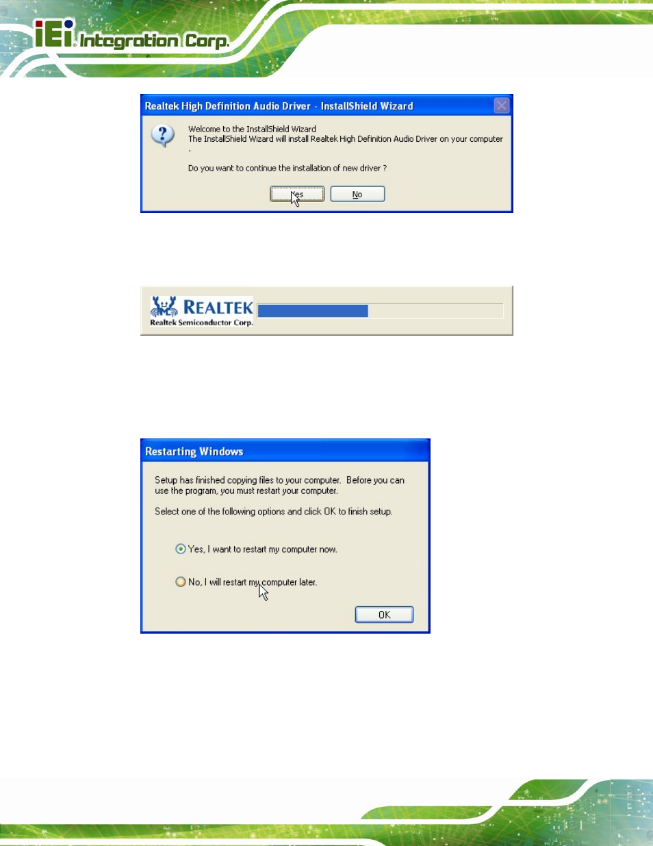 Figure 6-17: audio driver welcome screen, Figure 6-18: audio driver installation, Figure 6-19: audio driver installation complete | IEI Integration IMBA-H610 User Manual | Page 133 / 193