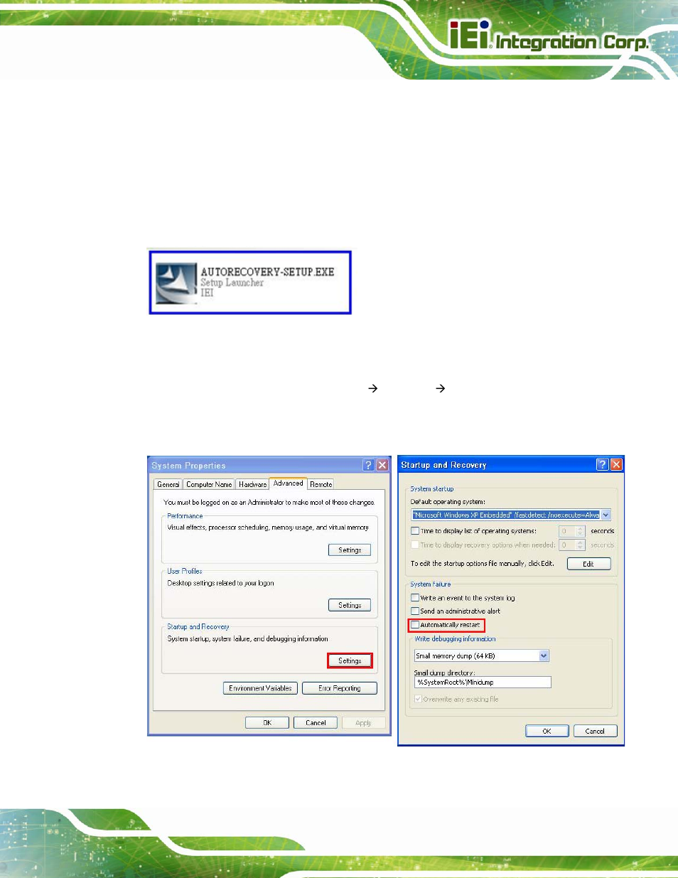 Figure b-22: auto recovery utility, Figure b-23: disable automatically restart | IEI Integration IMBA-H610 User Manual | Page 156 / 193