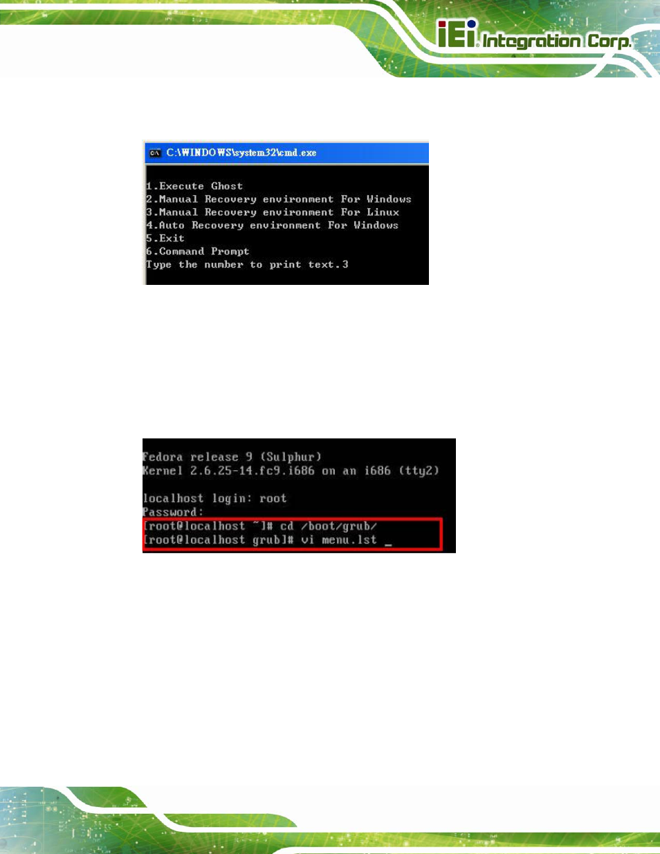 Figure b-32: system configuration for linux, Figure b-33: access menu.lst in linux (text mode) | IEI Integration IMBA-H610 User Manual | Page 162 / 193